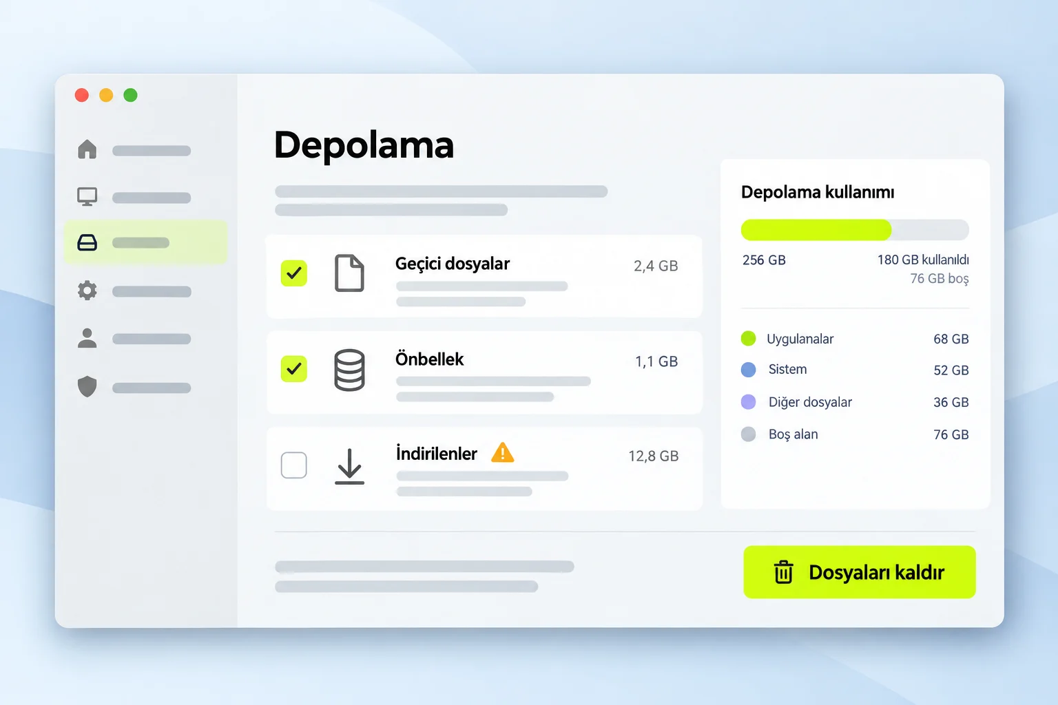 Depolama ayarlarında geçici dosya kategorileri ve dosyaları kaldır düğmesi.