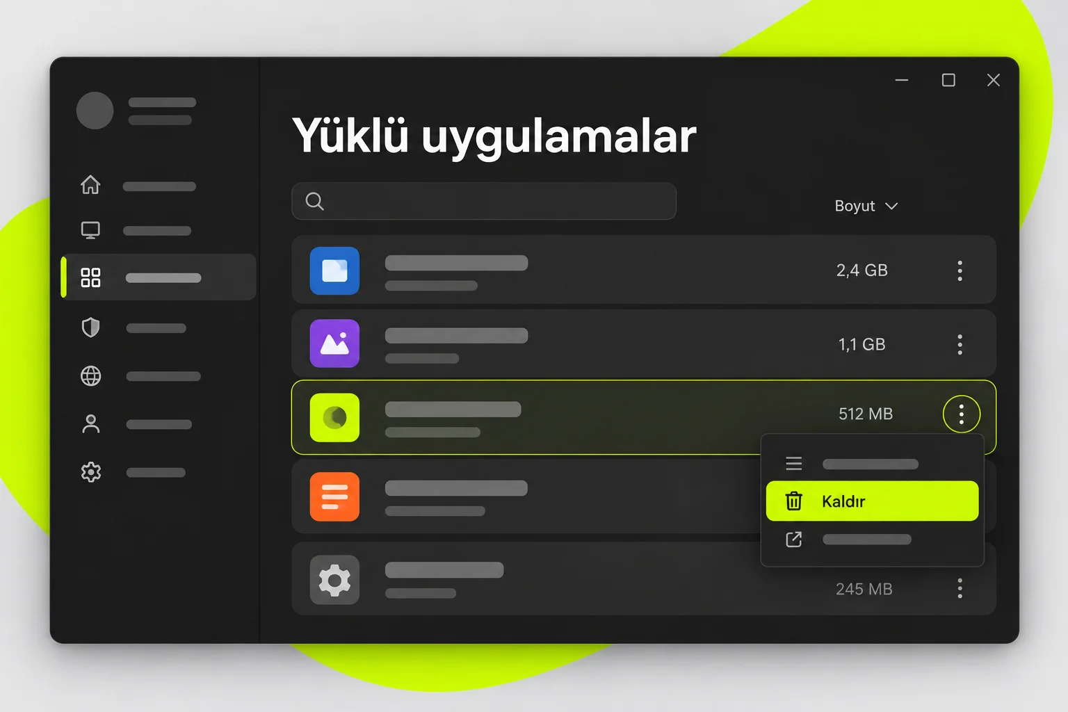 Yüklü uygulamalar listesinde bir uygulama için açılan Kaldır menüsü