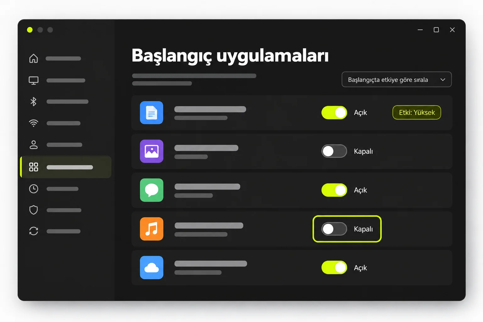 Ayarlar içinde başlangıç uygulamaları listesi ve tek bir uygulamanın kapalı anahtarı