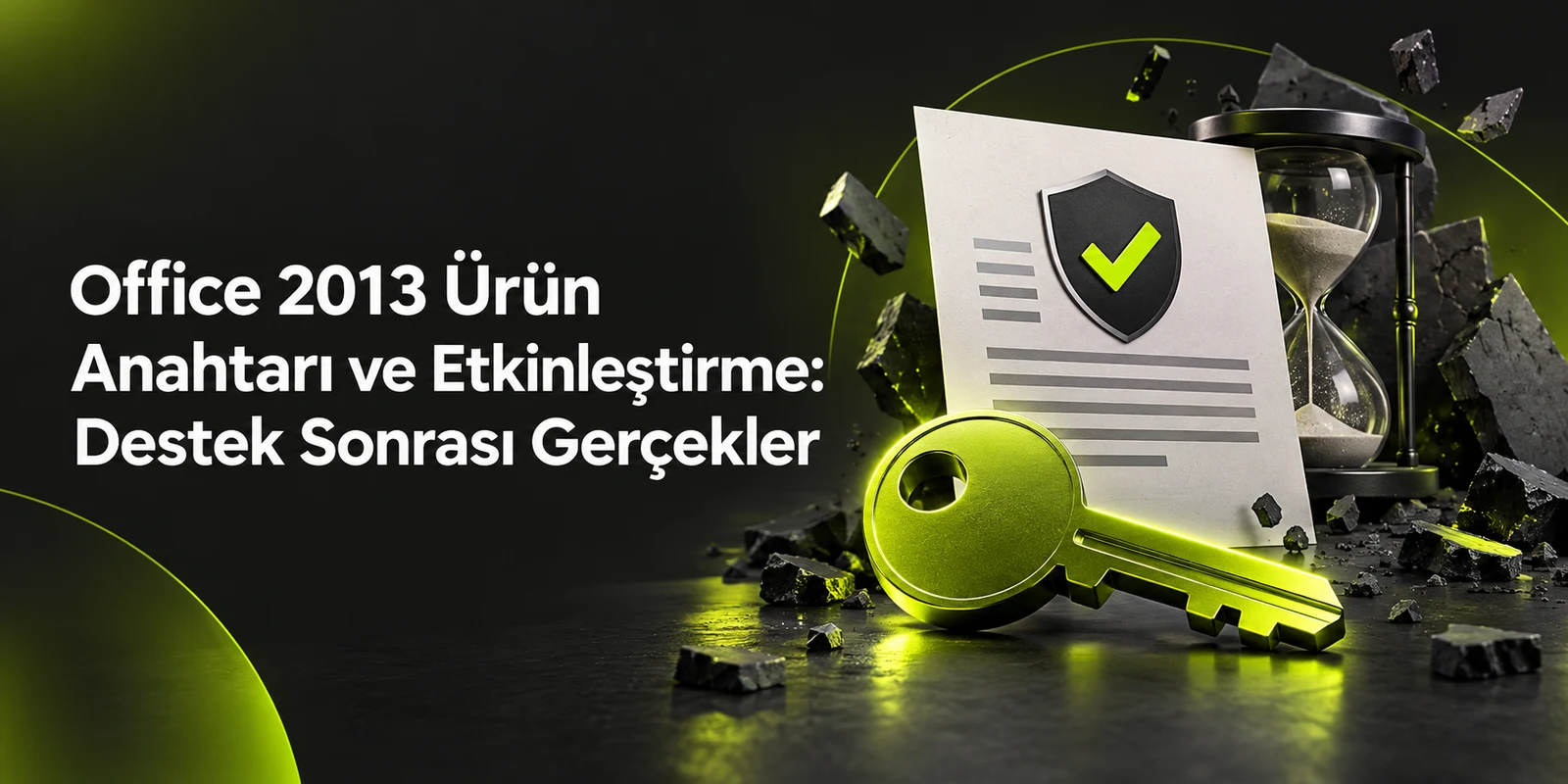 Office 2013 Ürün Anahtarı ve Etkinleştirme: Destek Sonrası Gerçekler — koyu gri zemin üzerinde yeşil geometrik kapak