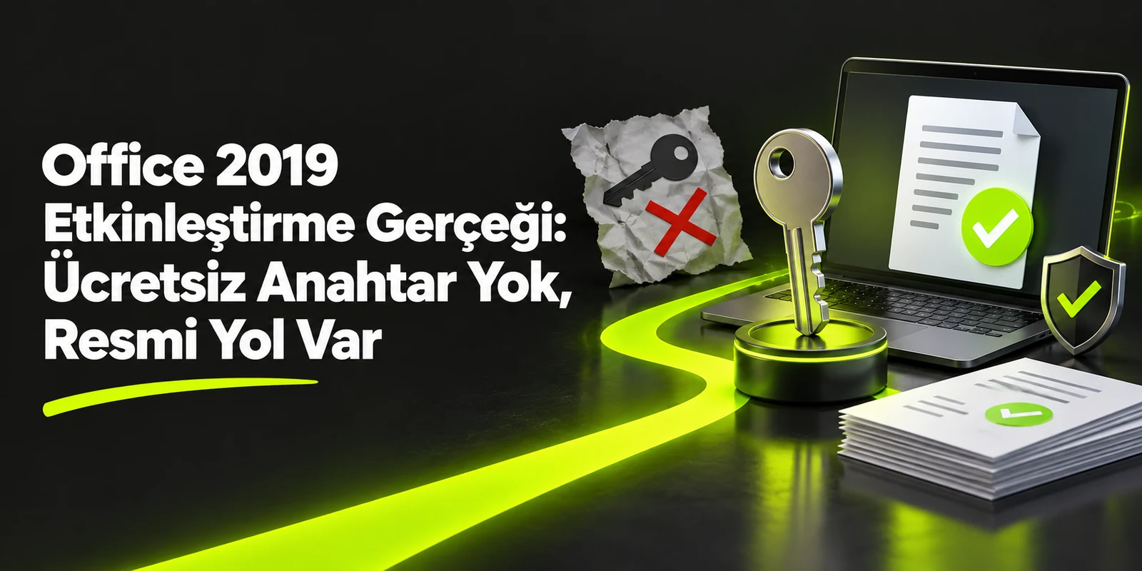 Office 2019 Etkinleştirme Gerçeği: Ücretsiz Anahtar Yok, Resmi Yol Var — koyu gri zemin üzerinde yeşil geometrik kapak