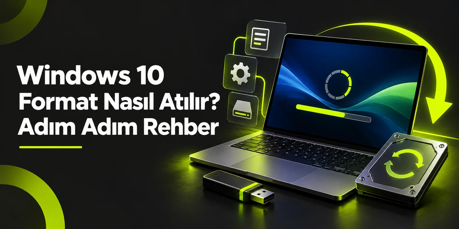 Windows 10 Format Nasıl Atılır? Adım Adım Rehber — koyu gri zemin üzerinde yeşil geometrik kapak
