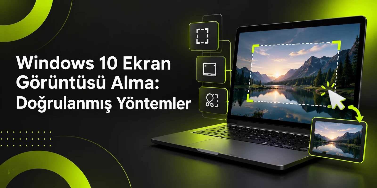 Windows 10 Ekran Görüntüsü Alma: Doğrulanmış Yöntemler — koyu gri zemin üzerinde yeşil geometrik kapak