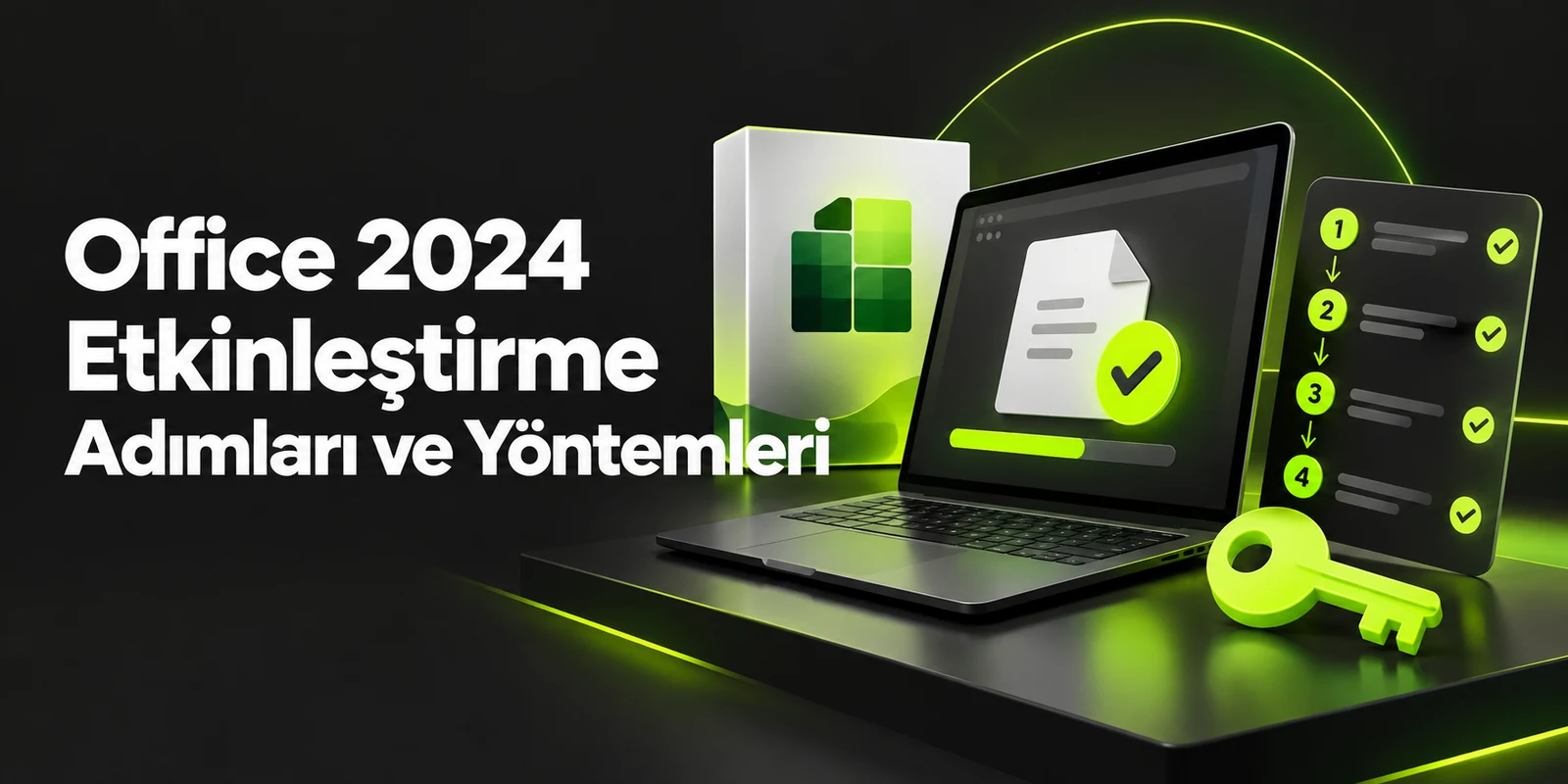 Office 2024 Etkinleştirme Adımları ve Yöntemleri — koyu gri zemin üzerinde yeşil geometrik kapak