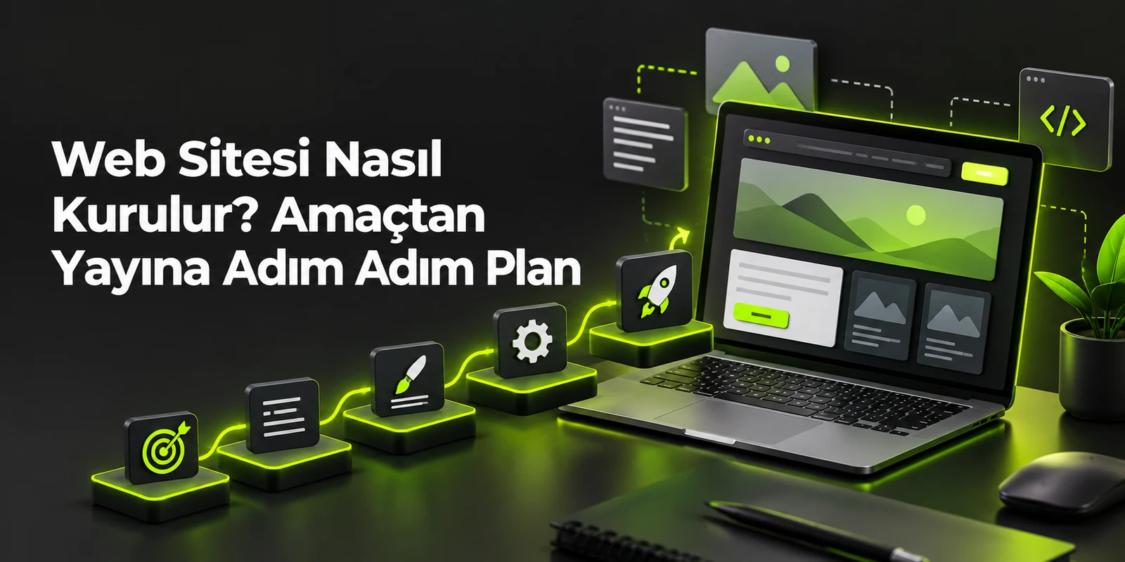 Web Sitesi Nasıl Kurulur? Amaçtan Yayına Adım Adım Plan — koyu gri zemin üzerinde yeşil geometrik kapak