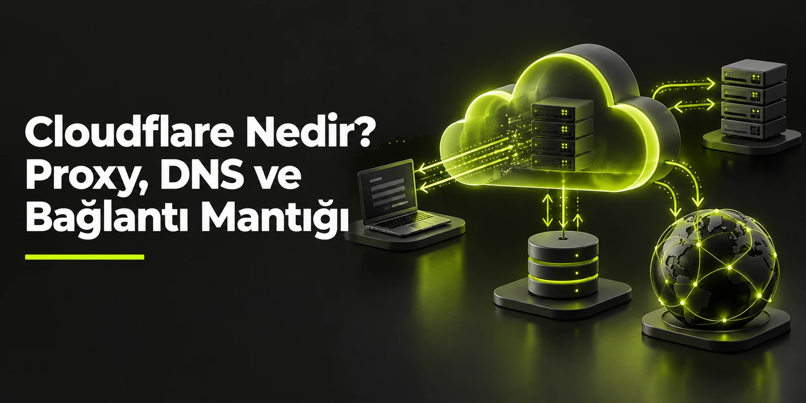 Cloudflare Nedir? Proxy, DNS ve Bağlantı Mantığı — koyu gri zemin üzerinde yeşil geometrik kapak