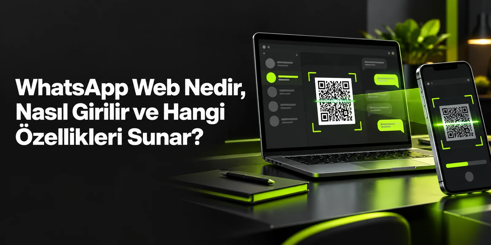 WhatsApp Web Nedir, Nasıl Girilir ve Hangi Özellikleri Sunar? — koyu gri zemin üzerinde yeşil geometrik kapak