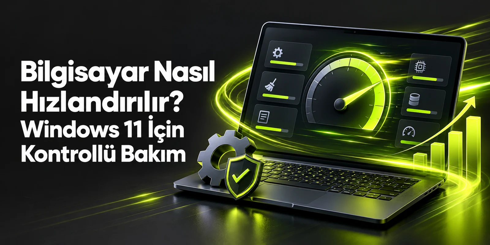 Bilgisayar Nasıl Hızlandırılır? Windows 11 İçin Kontrollü Bakım — koyu gri zemin üzerinde yeşil geometrik kapak