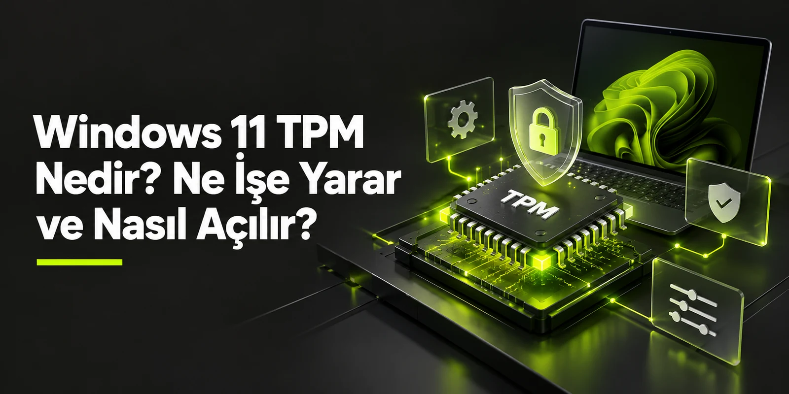 Windows 11 TPM Nedir? Ne İşe Yarar ve Nasıl Açılır? — koyu gri zemin üzerinde yeşil geometrik kapak
