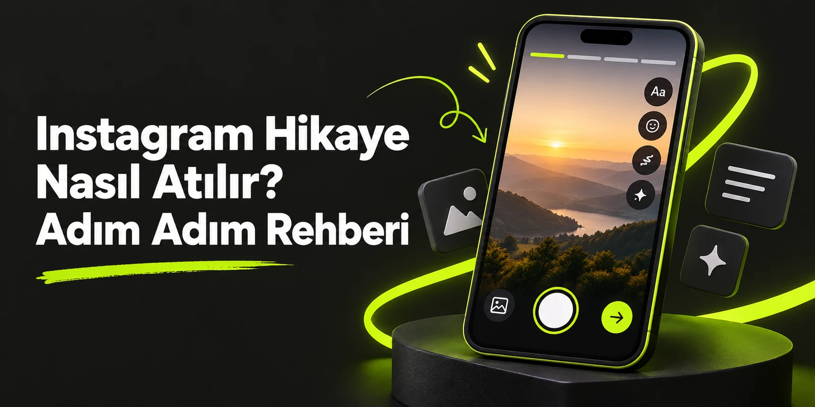 Instagram Hikaye Nasıl Atılır? Adım Adım Rehberi — koyu gri zemin üzerinde yeşil geometrik kapak