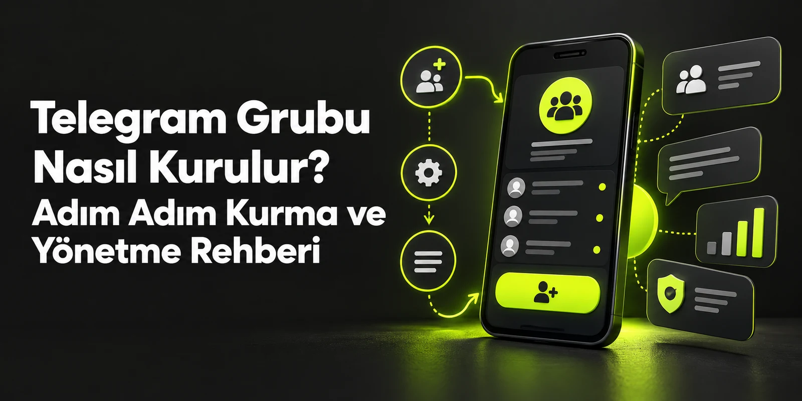 Telegram Grubu Nasıl Kurulur? Adım Adım Kurma ve Yönetme Rehberi — koyu gri zemin üzerinde yeşil geometrik kapak