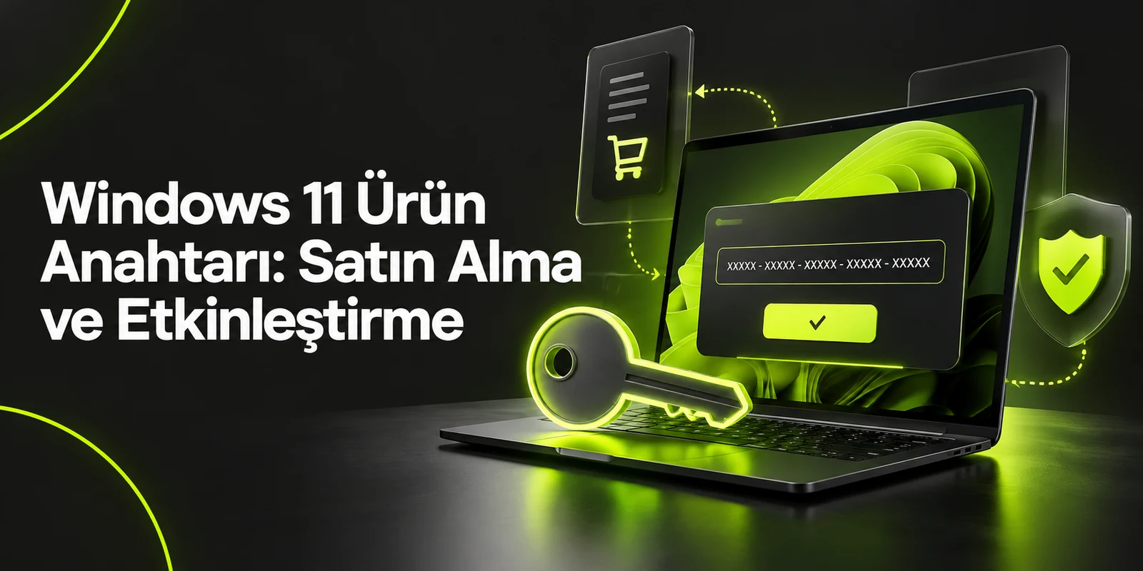 Windows 11 Ürün Anahtarı: Satın Alma ve Etkinleştirme — koyu gri zemin üzerinde yeşil geometrik kapak