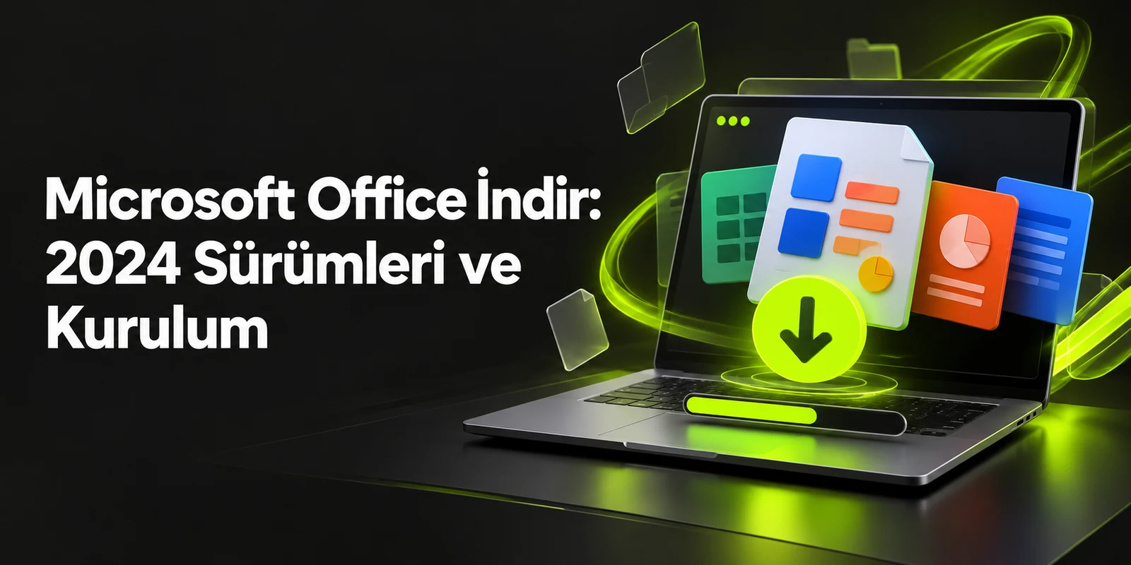Microsoft Office İndir: 2024 Sürümleri ve Kurulum — koyu gri zemin üzerinde yeşil geometrik kapak