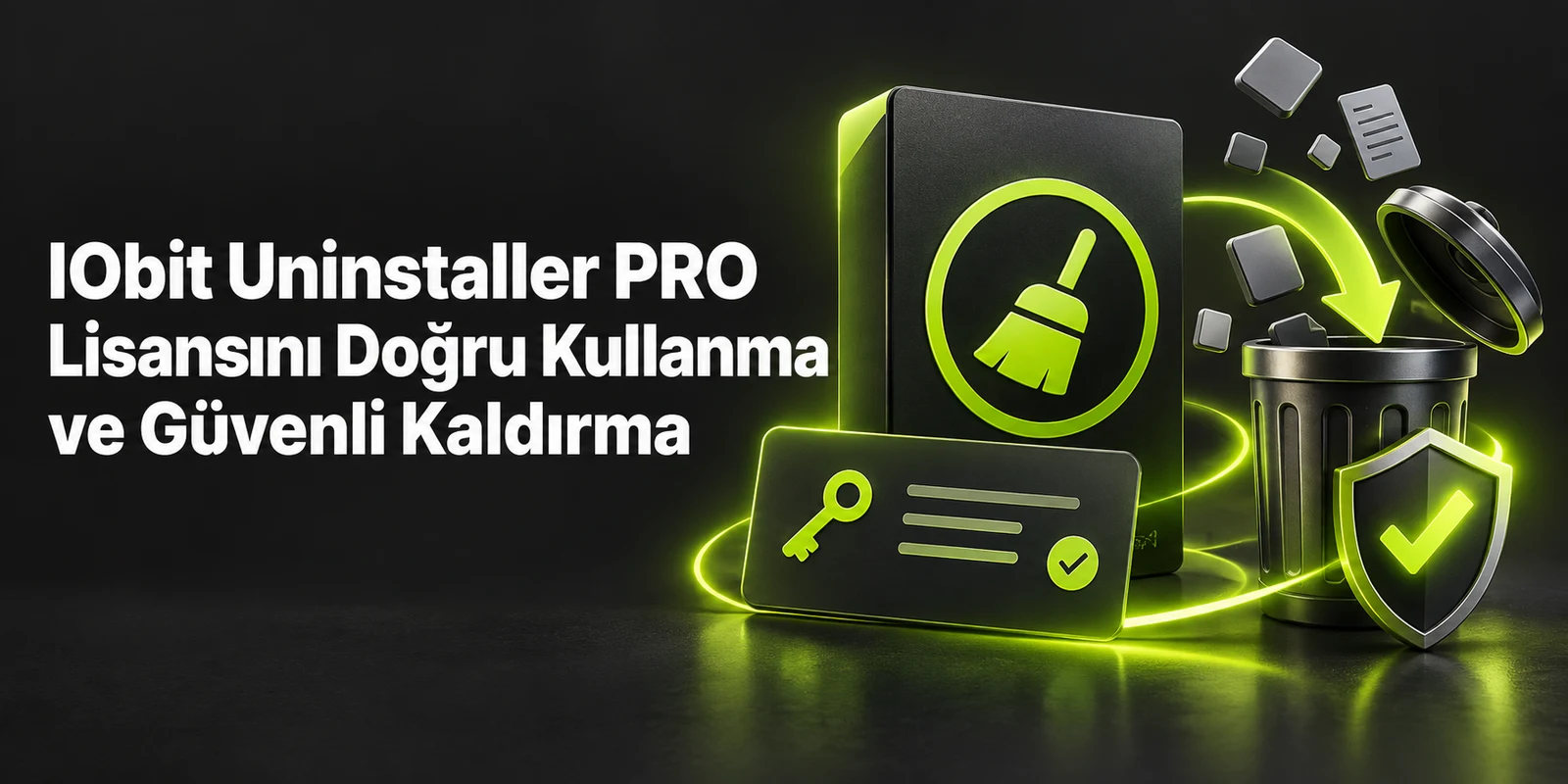 IObit Uninstaller PRO Lisansını Doğru Kullanma ve Güvenli Kaldırma — koyu gri zemin üzerinde yeşil geometrik kapak