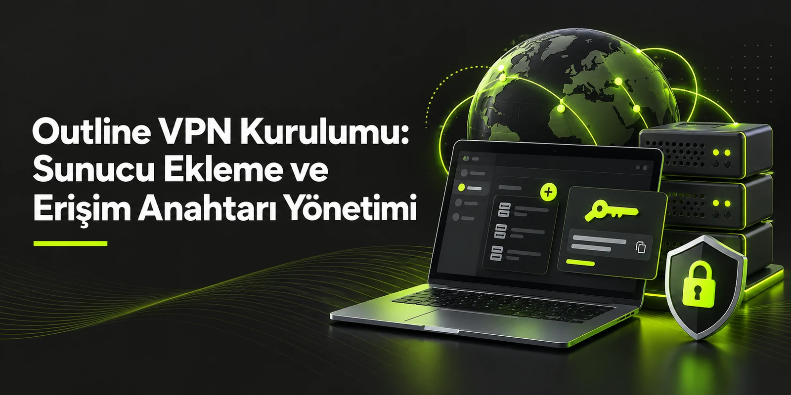Outline VPN Kurulumu: Sunucu Ekleme ve Erişim Anahtarı Yönetimi — koyu gri zemin üzerinde yeşil geometrik kapak