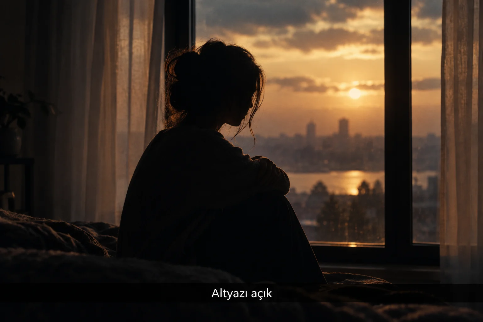 Pencere ışığında yüzü seçilemeyen kadın silüeti, sinematik kare
