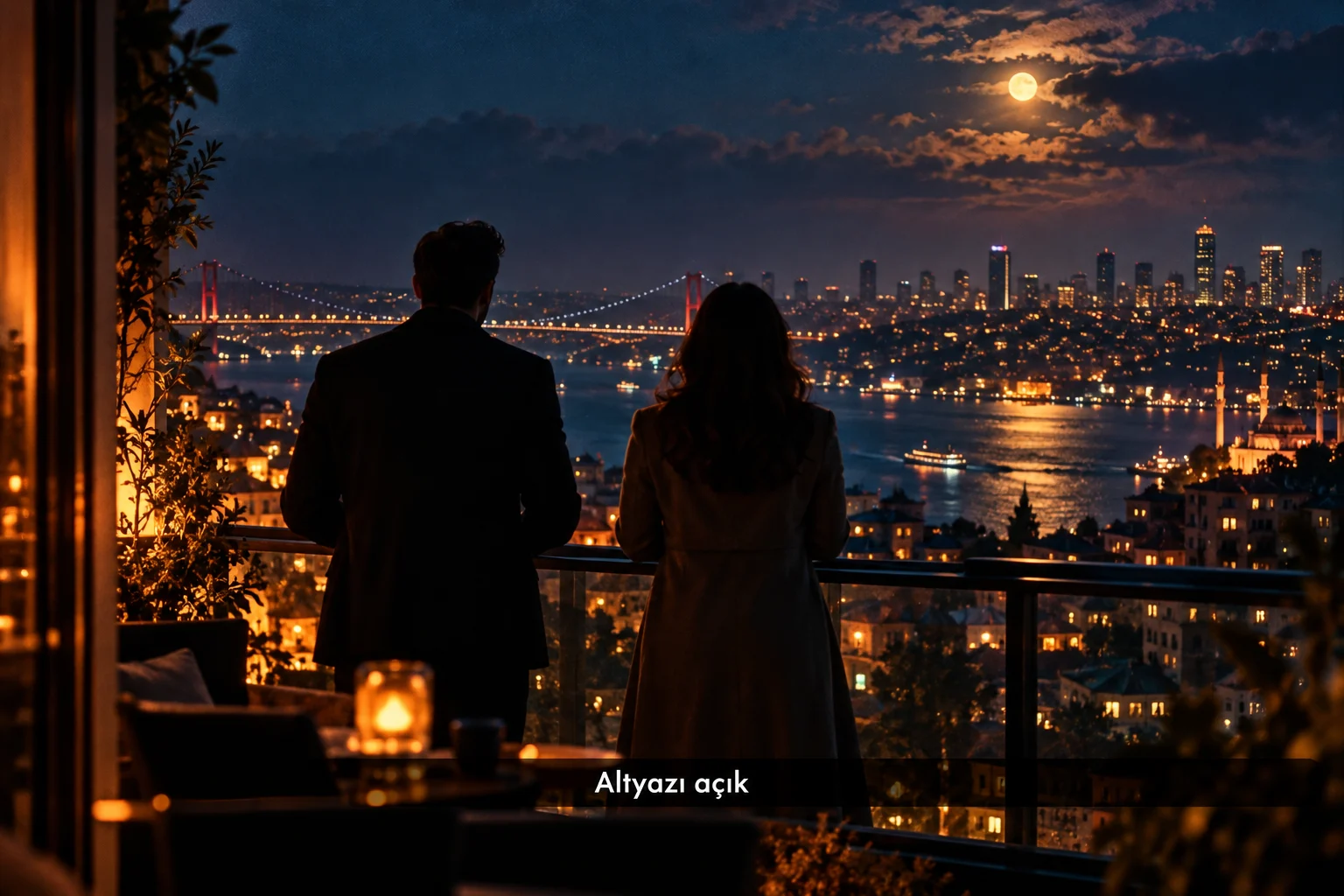 Gece manzarasına bakan iki silüetin sinematik kareleri