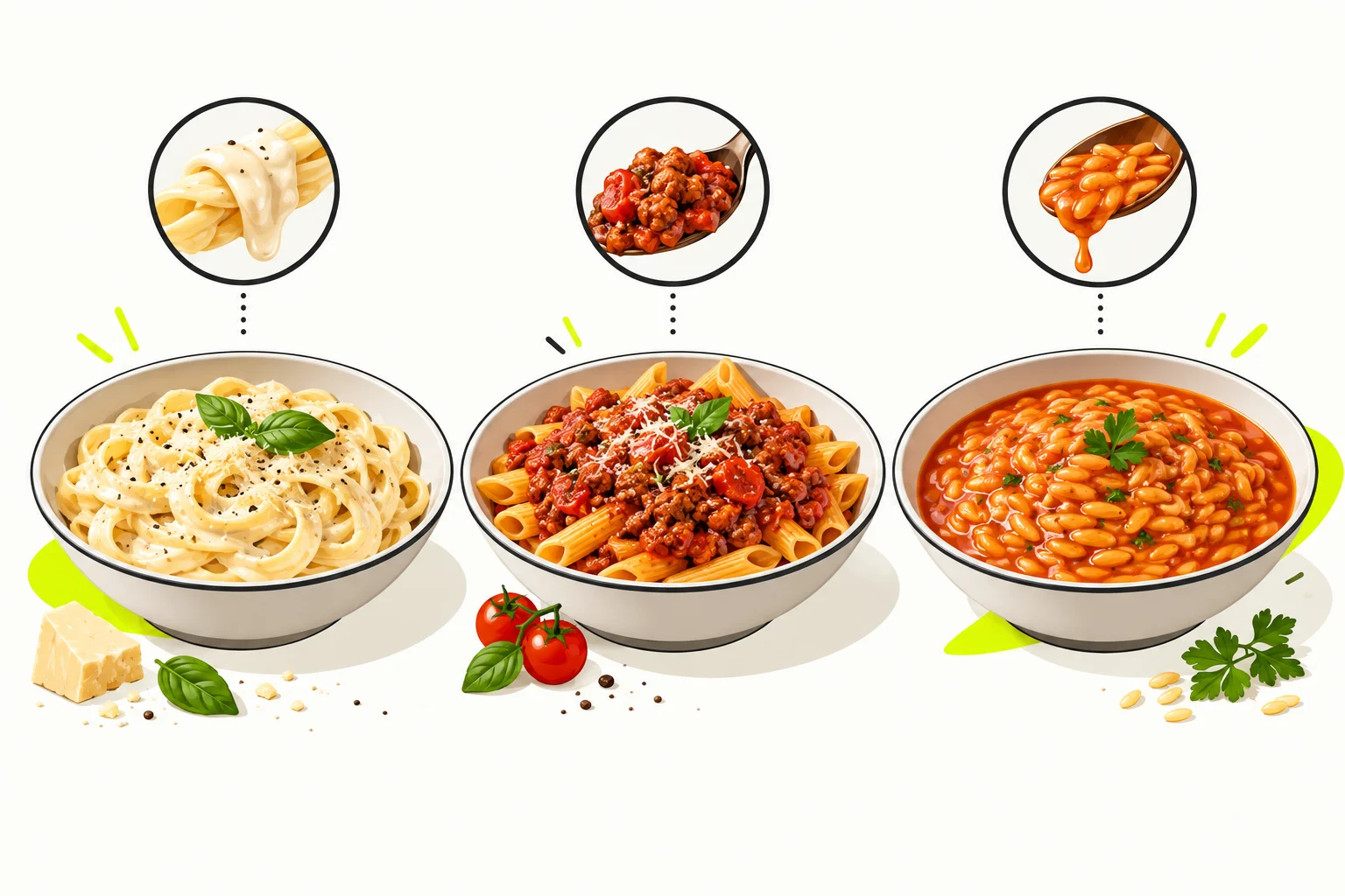 Üç kasede risotto, ragù ve Alfredo kıvamlarını karşılaştıran vektör kartı