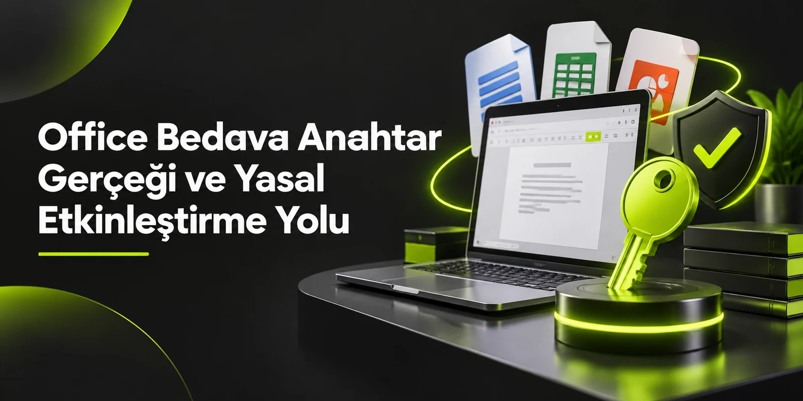 Office Bedava Anahtar Gerçeği ve Yasal Etkinleştirme Yolu — koyu gri zemin üzerinde yeşil geometrik kapak