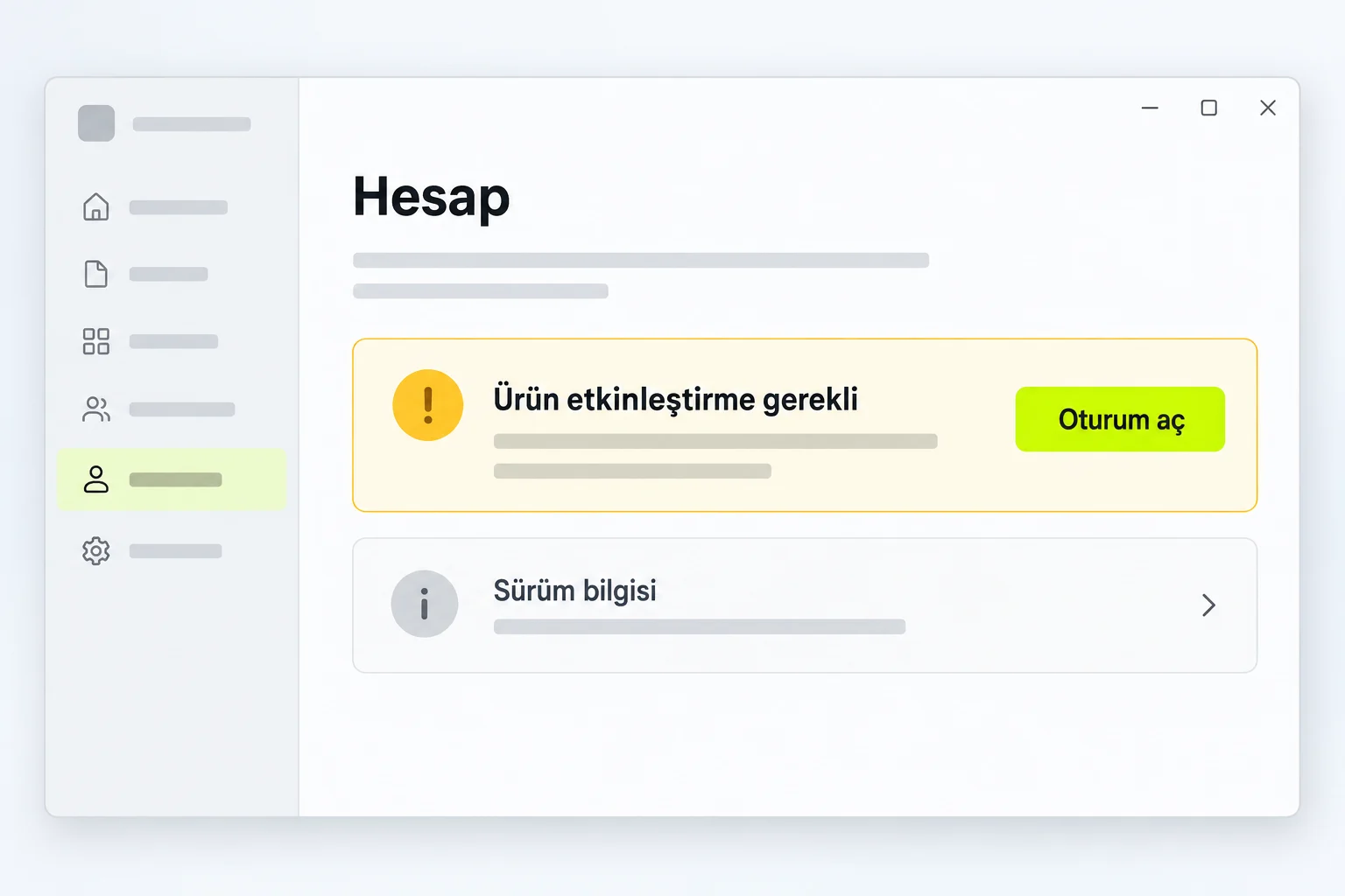 Office Hesap sayfasında etkinleştirme gerekli uyarısı ve oturum açma düğmesi.