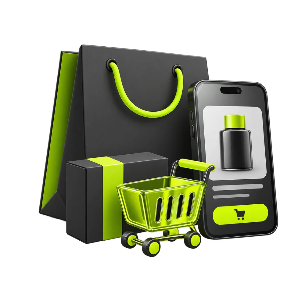 Alışveriş çantası, ürün paketi ve telefon kartından oluşan e-ticaret illüstrasyonu